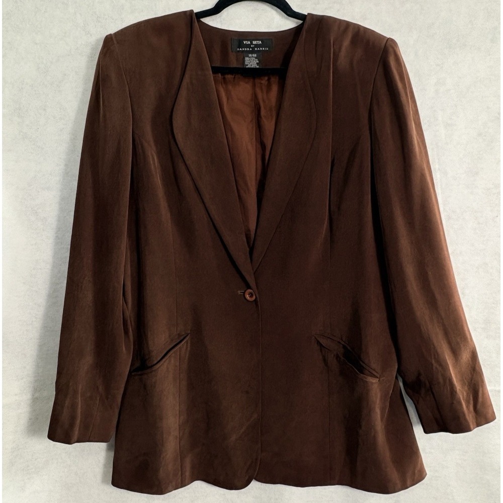 Vtg VIA SETA Sandra Harris Women One Button Silk‎ Blazer Sz 14 Brown Office 51-7
